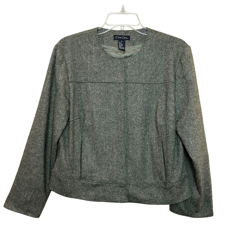 C'est City Blazer Womens 8 Green Silk Wool Blend Collarless Snap Tweed Jacket